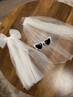 Wedding - Bridal Veil & Bow Set with Pearl Accents and pearl sunglasses